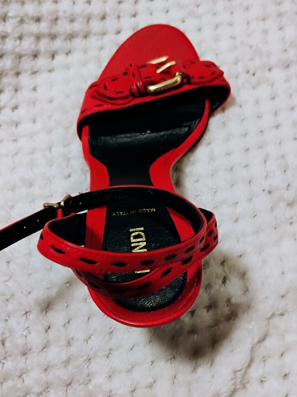 Fendi Red Leather Open Toe Ankle Strap Heels with Gold Buckle Medium Heel - Picture 3 of 5